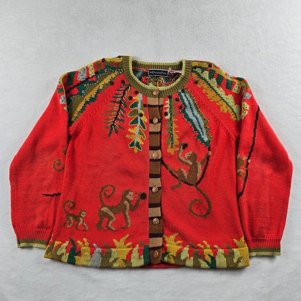 Christine Foley Vintage Monkey Jungle Intarsia Cotton Cardigan Sweater Red Sz 1